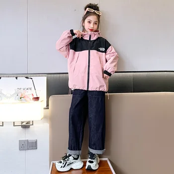 2023 Korėjos pavasario rudens vaikai Mergaitė Parka paauglė mergaitė su gobtuvu kontrastas atspausdintas drabužis Mokyklos mergaitė Striukės su užtrauktuku