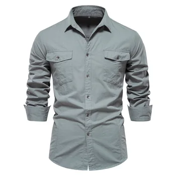 2024 Nauji pavasario ir rudens 100% medvilniniai kišeniniai marškiniai vyrams Solid Color Slim Casual Men ilgomis rankovėmis Aukštos kokybės marškiniai