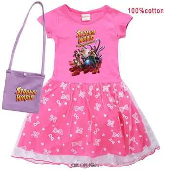 Disney Keistas pasaulis Mažylis Mergaitė Vasaros drabužiai Medvilnės mergaitės Rožinė suknelė + krepšys Korėjietiškų kūdikių suknelių mokykla Vaikai Elegantiški Vesdios