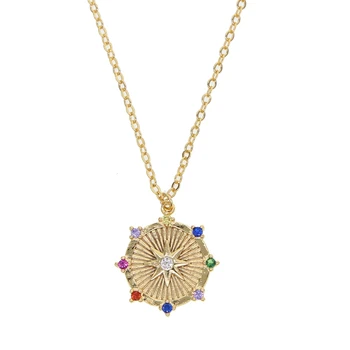 Drop Shipping Spalvingas Cz Charm Gold Filled Star Signet Cz Paved Lucky Necklace Rainbow Coin Stone Delicate Sparking Jewelry