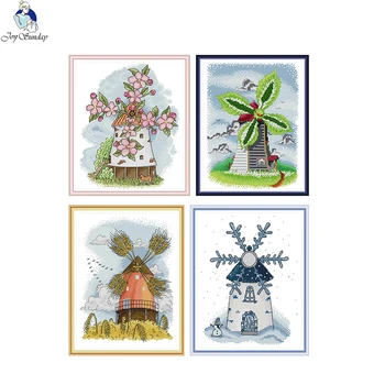 Four Seasons Windmill Series Rankdarbiai DMC suskaičiavo 11ct 14ct kryžminių dygsnių rinkinius, atspausdintus ant drobės siuvinėjimo namų dekorui