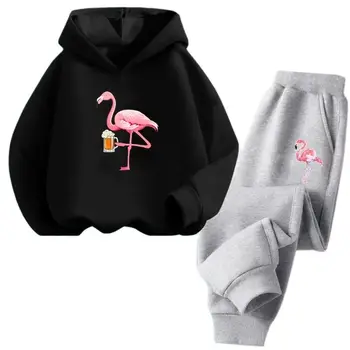 Kids Funny Flamingo Hoodie Set Toddler Girls Drabužiai ilgomis rankovėmis megztinis +Kelnės 2vnt Komplektai Rudens vaikų drabužiai