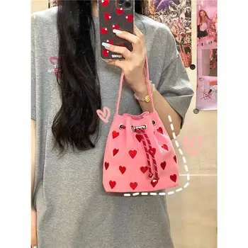 Korėjietiškas siuvinėjimo širdies raištis Rožinė moteriška rankinė Saldus mielas krepšys per petį Mini kibiro krepšys Ins 2023 Moteriškas kryžminis krepšys