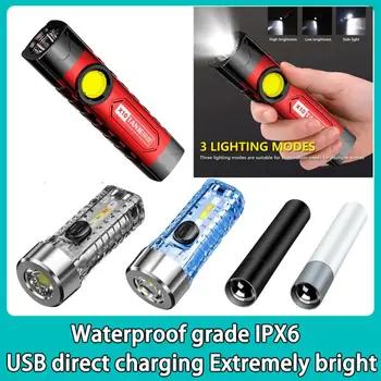 Nešiojamas LED žibintuvėlis Mini COB darbo lemputė USB įkraunamas 18650 kempingo žibintuvėlis su spaustuku 3 režimai Galingas žvejybos žibintas