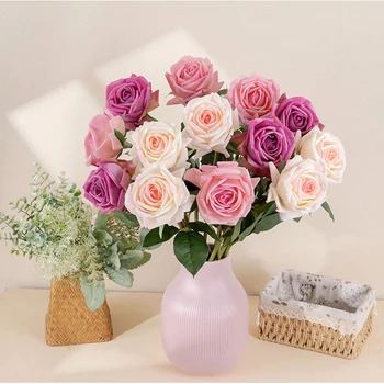 QSM 3Vnt Dirbtinio šilko gėlės Tikroviškos vienos gėlės galvutės Mielosios rožės Puokštė Ilgas stiebas namų vestuvių dekorui