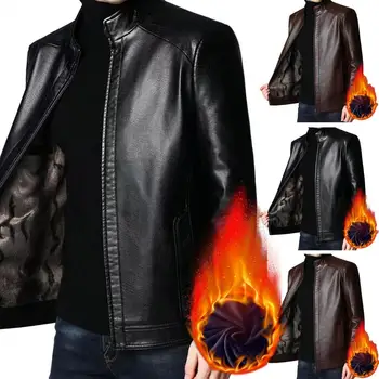 Vyriškas dirbtinis odinis paltas Vėjo nepraleidžianti dirbtinė odinė motociklo striukė su pliušine šilumos sulaikymo stovo apykakle vidutinio amžiaus vyrams