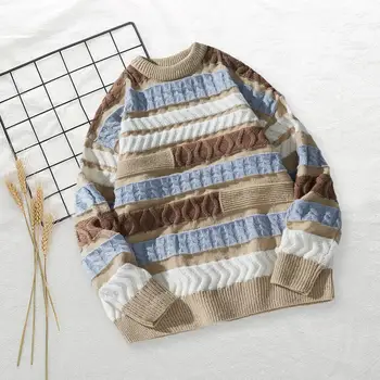 Vyriškas megztas megztinis Stilingas vyriškas megztinis Minkštas šiltas O kaklo megztinis su dryžuotu kontrastu rudens žiemos mados rudeniui