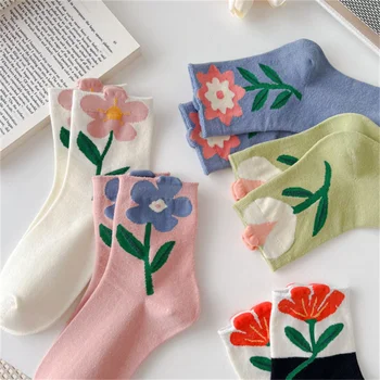1 Pora Moteriškos kojinės Gėlių raštas Ruffle Mielas Kawaii Japoniško korėjietiško stiliaus animacinis filmas Harajuku Kvėpuojančios laisvalaikio trumpos medvilninės kojinės