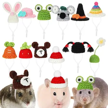 12PCS Mielas rankų darbo megztas kepurės žiurkėno dekoravimas Jūrų kiaulytės žiurkėno priedai Žiurkėno žaislinis žiurkėnas Tiekia mažą naminių gyvūnėlių skrybėlę