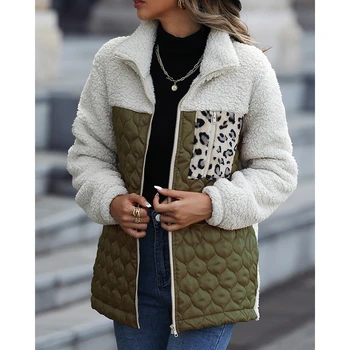 2023 Moterys Colorblock Leopard Zipper Fly Pocket Pūkuotos striukės ir paltas Femme ilgomis rankovėmis Puffer Elegantiška rudens žieminė apranga
