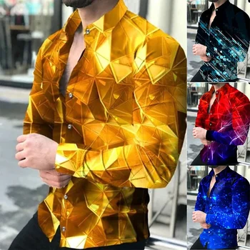 2023 Naujoji Europos ir Amerikos pavasario vyrų mada Geometrinis atspaudas Marškiniai ilgomis rankovėmis Vyriški laisvalaikio marškiniai