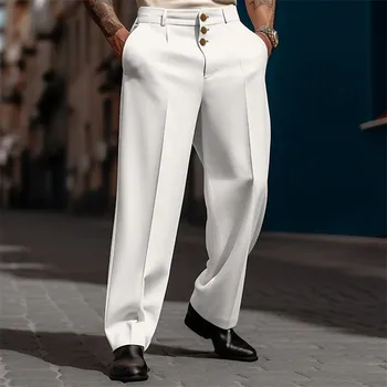 2023 Vyriška stovo kišenė Elegantiškos plačios kojinės Kietos baltos vakarėlio vestuvinės kelnės plius dydis Vyriškos mados sagos aukštyn Kostiuminės kelnės