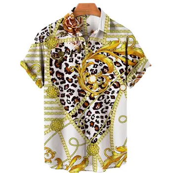 2023 Vyriški marškiniai 3D spausdinimas Auksinė grandinėlė Trumpomis rankovėmis Havajų marškiniai Laisvi Harajuku Hip Hop marškinėliai Unisex Fashion Casual Top