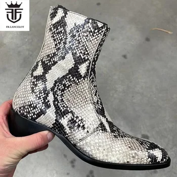 2024 Fashion Snake Skin Print Leather Chelsea Boots Men Snake Patter leather Boots vyriški bateliai Side Metal Zip riterio batai