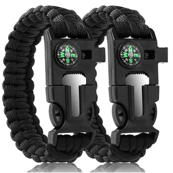 2PCS išgyvenimo apyrankės Juoda vyrams Paracord Tactical 4-in-1 Camping Gear Kits Embedded Compass Whistle Emergency Multitools