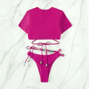 2Vnt/Komplektas Moteriški maudymosi kostiumėliai Karoliukai Dekoras Moteriškos bikinio paminkštintos liemenėlės viršus Thong bikini komplektas
