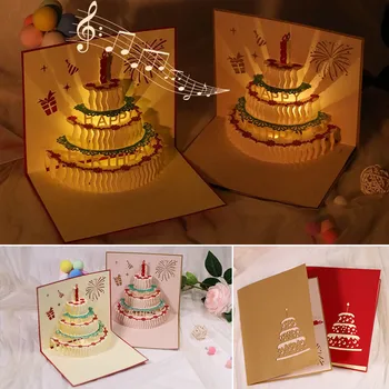 3D Iššokantys gimtadienio sveikinimo atvirukai, automatinis muzikos leidimas Šilta LED lemputė gimtadienio torto kortelė Dovanos žmonai Mama Sesuo Berniukas Mergaitė Draugai