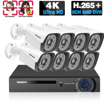 4K CCTV DVR Namų apsaugos kamerų sistema 8CH veido aptikimo AHD kulkų kameros vaizdo stebėjimo sistemos rinkinys 8 kanalų DVR rinkinys 4CH