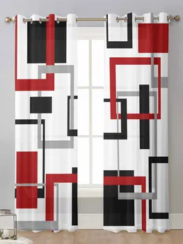Abstrakčios geometrijos kvadratai Šiuolaikinis menas Juoda raudona Vientisos užuolaidos Svetainės langas Voile Tiulis Užuolaidos Kortinas Užuolaidos Namų dekoras