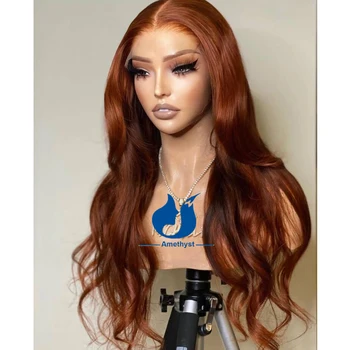 Ametistas 13x4 Oranžinė ruda nėrinių priekis Žmogaus plaukų perukai moterims Kūno banga Brazilijos Remy imbieras Oranžinės spalvos perukas Iš anksto nupeštas