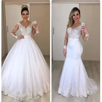 Atvykėlis Baltos ilgos rankovės Vestuvinės suknelės 2023 Ball Gown Vestido De Noiva Nėrinių aplikacijos Nuotakos chalatai su nuimamu traukiniu
