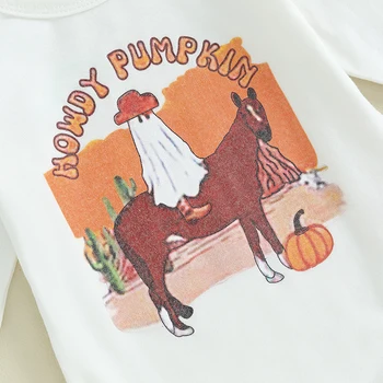 Baby Girls Helovino kelnių rinkiniai Baltos ilgos rankovės raidės arklio atspaudas Romper Ghost Pumpkin Print Kelnių rinkiniai