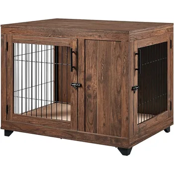 Baldų stiliaus šunų dėžė, dvigubos durys Medinės vielos šunų veislyno galinis stalas, su minkšta lova, dekoratyviniai naminių gyvūnėlių baldai Vidaus naudojimas