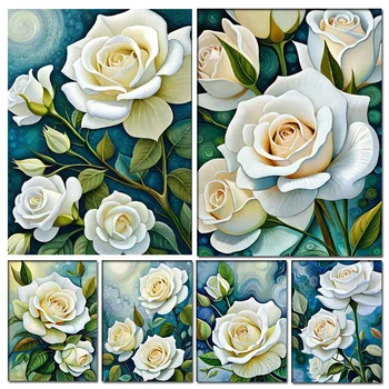 Baltos elegantiškos rožių gėlės Deimantų tapyba Kryžminio dygsnio rinkinys Natiurmortas 5d 