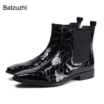 Batzuzhi Luxury Black Patent Leather Short Boots Men Slip On Pointed Toe Korean Style Fashion Vyriški batai Botas Hombre, EU38-46