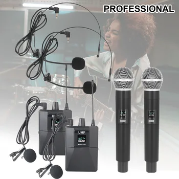 Belaidis mikrofonas Profesionalus UHF dviejų mikrofonų sistemos rinkinys nešiojamas siųstuvas ir Lavalier mikrofonas susitikimų vakarėliui