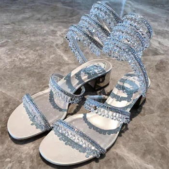 Bling Rhinestone Sandals Summer Sweet Fashion Moteriški batai Kvadratas Žemas kulnas Atviras kojų pirštų dirželis Pompa Sekli Seksualioji Zapatos Mujer