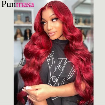 Burgundijos raudona 99J be klijų 13X6 nėrinių priekinis perukas dėvėti Go 5X5 Kūno banga Žmogaus plaukų perukai moterims Skaidrus 13X4 nėrinių priekinis perukas