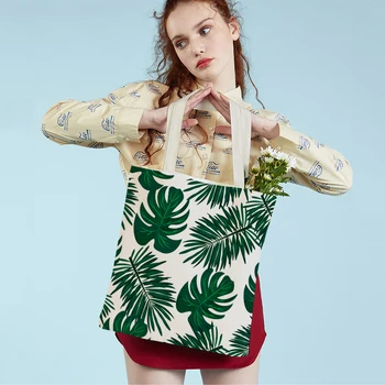 Casual Cartoon Tropical Leaves Women Shopping Shoulder Bag for Flower Cactus Print Sulankstoma daugkartinio naudojimo mados drobė Tote rankinė