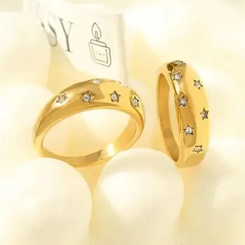 Cirkonio žvaigždė Pentagramos stambus žiedas moterims 18k Paauksuotas madingas pirštų krovimo žiedai Vintažiniai minimalistiniai pareiškimo papuošalai
