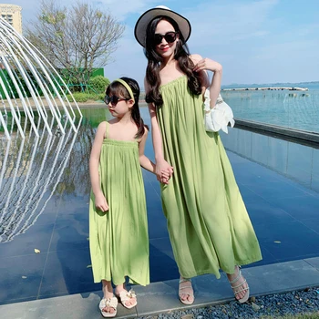 Cool Green Ankle Length Dress Women Girl Summer Clothing Casual Family Matching Sling Dresses Clothing