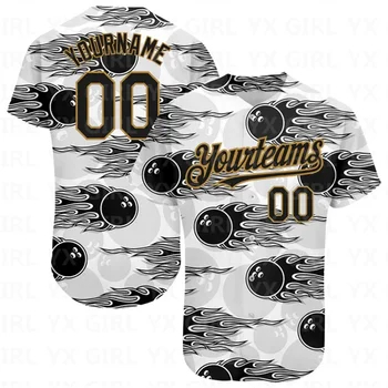 Custom White Black-Old Gold 3D Pattern Design boulingo kamuolys su Hotrod Flame autentiškais beisbolo marškinėliais
