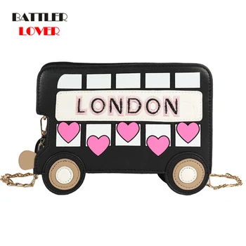 Cute LONDON Bus Design Girls Chain Shoulder Bag siuvinėtas animacinis filmas Moterų naujovės piniginės ir rankinės Fashion Red Crossbody krepšys