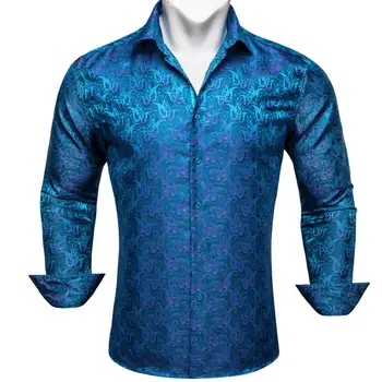 Dizainerių marškiniai vyrams Šilkas ilgomis rankovėmis Dangaus mėlyna Rožinė Juoda Paisley Slim Fit Vyriškos palaidinės Laisvalaikio kvėpuojančios viršūnės Barry Wang