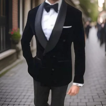 Double Breasted Prom kostiumai vyrams Slim Fit Wedding Groom Tuxedo 2 Vnt Fashion Shawl Lapel Velvet Smoking Blazer with Pants 2024