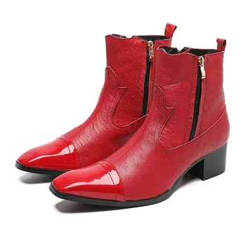 Elegantiški užtrauktukai plius dydžio kulkšnies batai Britų stiliaus smailaus piršto raudonos suknelės batai Originalūs aukštakulniai vyriški karvės odos trumpi batai
