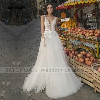 Elegantiškos paprastos nėriniuotos V formos kaklo vestuvinės suknelės moterims A-Line Sweep Train aplikacijos Nuotakos suknelė be nugaros Vestidos De Novia Custom