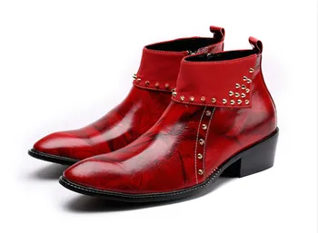 England Style Men Red Grenuine Leather Ankle Boots Men Pointed Toes Red Leather Colour Rivet Side Zipper High Top Boots