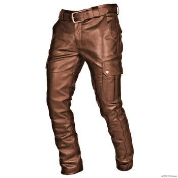 Fashion Moto Elastic Waist Faux Leather Zipper Pants Men Joggers Zipper Pockets Black Streetwear Slim Pencil Pant Vyriški drabužiai