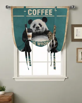 Funny Panda Kava Vintage Farm Virtuvė Trumpas langas Užuolaidų strypas Kišeninės užuolaidos Namų dekoras Mažas langas Romanas Suriškite užuolaidas