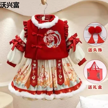 Hanfu mergaičių žiemos tango kostiumas Aksomo storinimo apranga Vaikų kinų stilius Vienerių metų šventės suknelė Naujųjų metų kūdikis Naujas