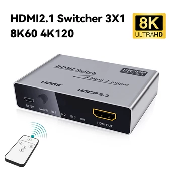 HDMI 2.1 Switch 8K 2 in 1 Out, Ultra HD 8K@60Hz/4K@120Hz 3x1 HDMI jungiklis HDCP2.3 adapteris su IR nuotolinio valdymo pultu kompiuterio projektoriui PS5/4/3
