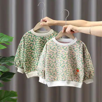 Hoodies Girls Baby Sweater Spring Autumn New Fragmented Flowers Korean Retro Style Tide Sweatshirts Round Collar Printing