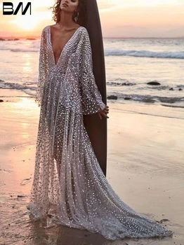 Iliuzija Gilus V formos kaklas Vakarinės suknelės Seksualios blizgantys kristalai Nuotakos suknelė Šiuolaikinės grindų ilgio nuotakos suknelės Vestidos De Novia