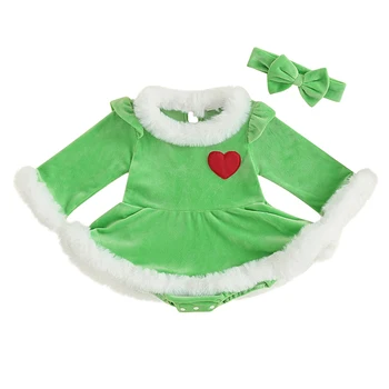 Infant Baby Girls Christmas Romper Dress Green Monster ilgomis rankovėmis Patchwork kombinezonas + lanko galvos juosta