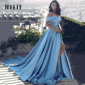 JEHETH Off The Shoulder Sexy Satin Evening Dress Side Split Boat Neck Elegant Party Prom Gown for Women Robe Custome